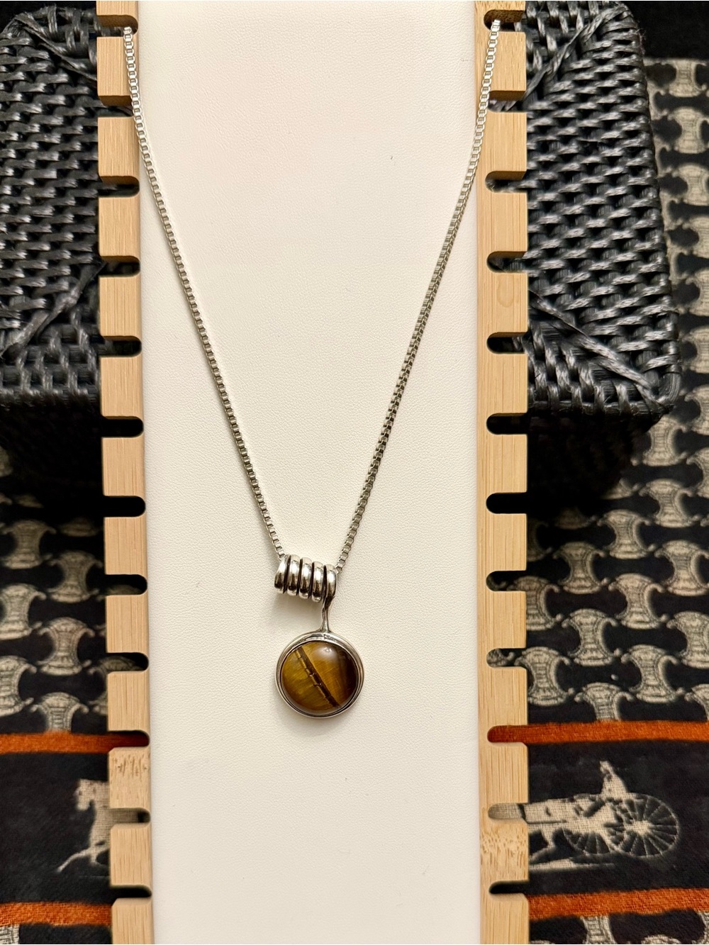 Sterling Silver 925 Round Brown Tiger Eye Pendant with 925 Box Chain!
